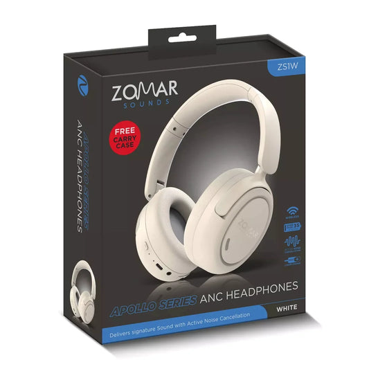 Zomar Sounds Apollo White Active Noise Cancelling Bluetooth Headphones [Accessories]